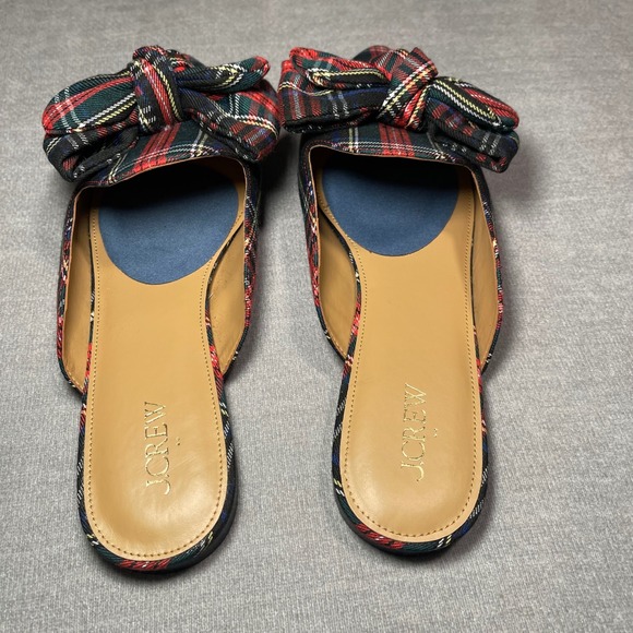 J. Crew Plaid Bow Mule Flats Shoes Women  10 Tartan Pointed Toe Slip On Holiday - Picture 2 of 4
